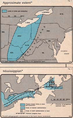 3. Upper: Approximate area of early Appalachian shale gas production. Lower: Plate tectonic reconstruction of the North Atlantic margins showing the continuity of the Appalachian Mississippian and Caledonide Lower Carboniferous basins. © O&Gas Jnl.